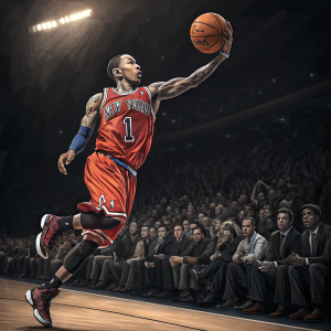 Monta Ellis, wearing red basketball jersey with New York Knicks logo, making a jump shot. The court is under dim lights, crowd blurry in background.