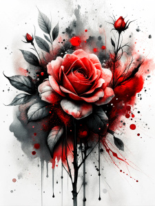 Chinese ink art mixed with red rose paintings, splashes of colored ink, colored stains, black and red tones on the empty space. white background