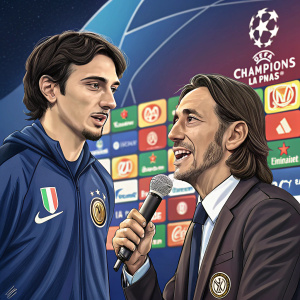 Simone Inzaghi and Matteo Darmian attending a lively press conference for the UEFA Champions League. Dynamic background filled with colorful sponsor logos.