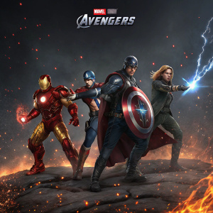 Avengers cast in dynamic poses. Dark background with fire effects. Marvel logo at top.