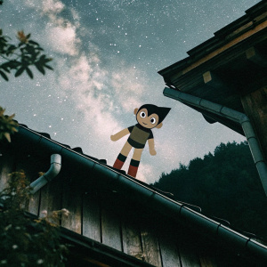 Astroboy, in a flying stance, with a sleek outfit and dark hair, amidst a night sky filled with stars. His focused expression captured in a digital art style, set against a backdrop of vibrant galaxies.