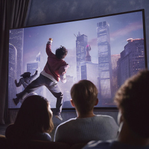 Overwatch promotional poster. Characters in dynamic action poses against a vibrant city skyline. Colorful and energetic urban backdrop with skyscrapers.