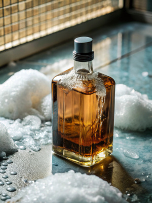 A BOTTLE OF WHISKEY IS LYING IN ICE ON BACKGROUND, SHOWER GEL LYING IN FRONT