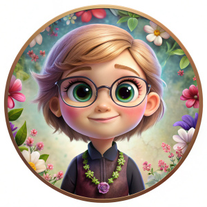 una mujer dentro de un circulo CON BORDE EPICO CON FLORES, WHITE BACKGROUND, ESTILO CHIBI PIXAR