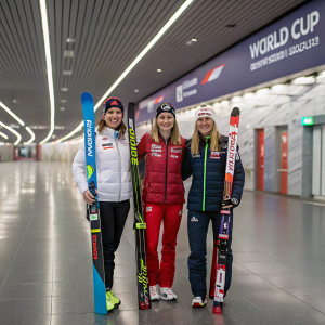 Petra Majdic, Justyna Kowalczyk, and Alena Prochazkova, in sportswear, posing with skis in a sleek indoor hall, surrounded by World Cup branding.