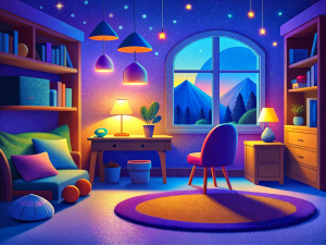 beautiful colourful room for kids wuith a desk, bed, chair, toys, lamp, bookshelf, carpet, sofa, cushions, mirror, pictures, posters