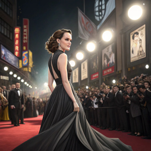 Daisy Ridley in a glamorous black evening gown, posing confidently. Crowded event with spotlights and numerous banners.