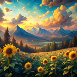 Vintage Old, Soft Colors, Oil Painting, Landscape Sunflowers, Mountains, Sky and Clouds. Photo Realistic