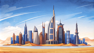 graphic illustration style, professional drawing, Dubai city with the power of high-tech, the prosperity of the city, simple sky, Burj Khalifa