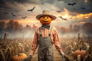Halloween. horror. Pumpkins. A scary straw scarecrow in an orange plaid shirt covered in blood and a beige jumpsuit, with a bow tie in an autumn high cornfield. Fog. There's a scary pumpkin instead of a head. A flock of bats are flying in the background. Beautiful bokeh.Tinted photo. Muted pastel shades of gray, black, brown and creamy beige. Scandinavian style.