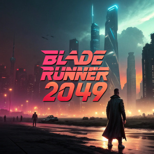 Promotional poster for Blade Runner 2049, vibrant colors, sci-fi landscape