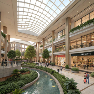 Digital rendering of Nirvana Country's Elan Paradise Sector 50 Gurgaon. Modern multi-level mall with central atrium. Water feature and greenery. People shopping.