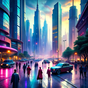 Photorealistic landscape of a wealthy city district in a cyberpunk world. Lots of neon, cool cars in the background, richly dressed people rushing about business.