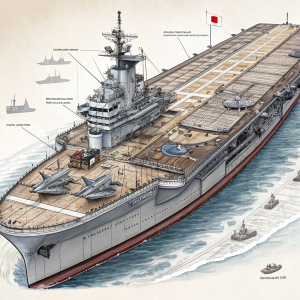 A detailed blueprint of the Japanese aircraft carrier IJN Taihou. Warship design from World War II era. Highlighting the flat flight deck and various structures characteristic of naval aircraft carriers.