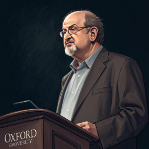 Salman Rushdie at the Oxford Union Society debate. He has a goatee and glasses. Standing against a dark, minimalistic background.