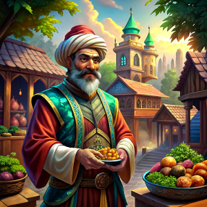 turk salesman in the old town, forest background