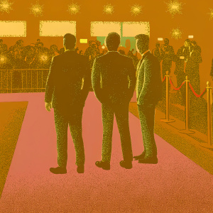 Colin Egglesfield and Todd Courtney in dark suits, standing beside Simon Spurr at a Hollywood movie premiere. A bright, bustling red carpet scene with flashing cameras and paparazzi.