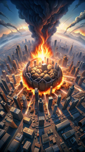 vista por arriba de una explosion de fuego encima de la ciudad, super realista

rpunk art