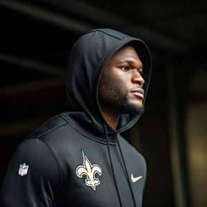 Latavius Murray, NFL running back, in sleek Nike hoodie. The hoodie is adorned with fleur-de-lis emblem. Dark, shadowy background. Serious gaze.