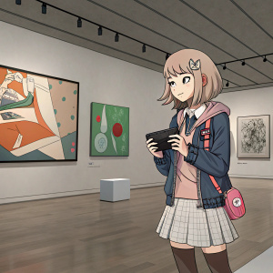 Chiaki Nanami, from the Danganronpa series, stands in a modern art gallery. Wearing a casual outfit, she poses with a video game console. Abstract paintings in the background.