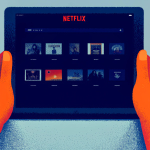 A detailed screenshot showcasing the Netflix app on a tablet device. The interface features a modern, minimalist design with a grid layout of movie and TV show thumbnails in a dark color scheme. The Netflix logo prominently displayed at the top.