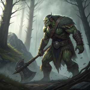 Robert Goncalves, artist, depicting a terrifying scene. A muscular green-skinned cyclops monster, surrounded by misty forest. Holding a large weapon, menacing face, rugged skin, detailed armor. Dark and eerie atmosphere.