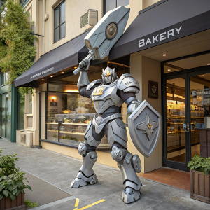 A massive Overwatch Reinhardt cosplay standing outside a bakery. Wears gray metal-like armor. Unique pose with raised shield.