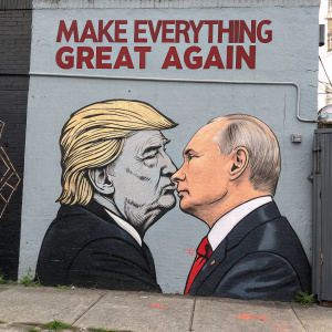 Political satire mural featuring a caricature of Donald Trump and Vladimir Putin in an embrace. The backdrop is a bleak, gray urban wall with the slogan 'make everything great again' in bold red letters