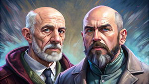 european bald man with silver beard and moustache 50yo in jacket and european man with short dark hair 40yo in blazer
