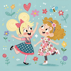 Illustration of two playful cartoon characters, a girl with blonde pigtails wearing a polka-dot dress and a girl with curly blonde hair in a floral dress. They are surrounded by vibrant, colorful Disney-themed backgrounds and accessories.