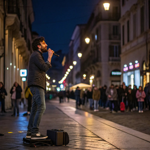 Graziano Galatone on a bustling street at night, performing in a casual outfit. Passersby visible in the background.