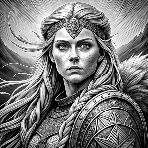 shieldmaiden perfect realistic art, high-definition, high-definition grey and black, white background 