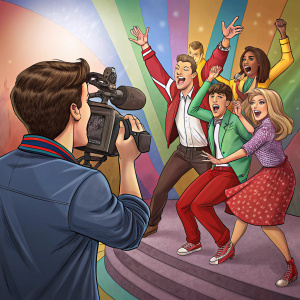 Cameraman capturing the cast of Glee. Scene with colorful background, diverse cast, close-up and group shots, dynamic poses. 