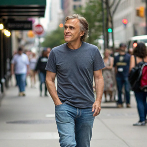 Christoph Waltz in casual attire, gray t-shirt, and jeans. Strolling down a busy city street. Crowd in background.