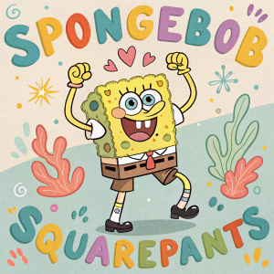 Illustration of SpongeBob SquarePants flexing. Surrounded by emojis and symbols. Vibrant background of shapes and colors. Text in playful cartoon font.