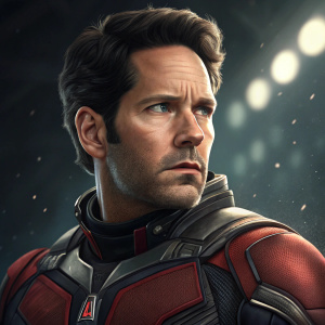 Paul Rudd as Ant-Man. Intense stare. Detailed close-up of face and suit. Dark background with light blur effect.