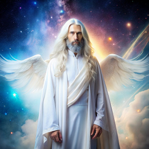 male pleiadian angel with white long hair wearing white cloak, a compassionate face, standing in a galaxy