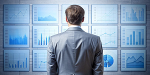 Back of a businessman in front of professional key performance indicator KPI metrics dashboard with screens and charts for sales and business results evaluation and KPI review