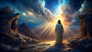 Jesus outside the open tomb with rolling stone with heavenly rays shining out, creating an atmosphere of wonder and resurrection