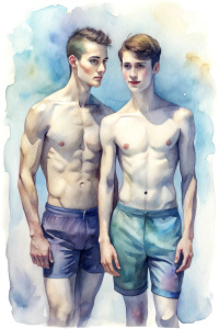 A couple of cute slender muscled shirtless young men with very short dark hair, at full height, wearing swimjammers, holding hands and hugging each other