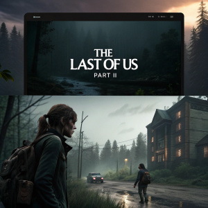 A dark and moody mockup webpage showcasing 'The Last of Us Part II'. Sections featuring key scenes with eerie overall mood.