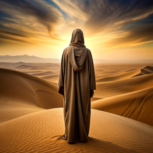 A hooded Muslim man with his back turned in the desert