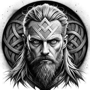 walhalla, viking warrior,  runics face, black work, white backrounds