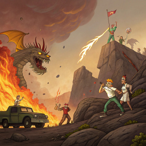 Promotional artwork for 'Aqua Teen Hunger Force' featuring a chaotic scene with fiery explosions, mythical creatures, and human-like figures set against a rocky backdrop. Vibrant colors and dynamic poses highlight the action-packed, fantasy-themed elements.