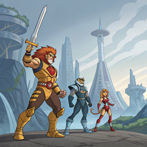 Illustration: Lion-O, Cheetara, and Tygra, three Thundercats characters, stand together in a futuristic landscape.