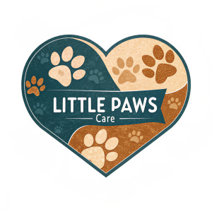 Digital artwork for 'Little Paws Care', an organization dedicated to stray dogs. The design features a paw print heart in warm, earthy tones. Modern, graphic style with clear text.