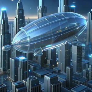 glass tech, scifi, transparent ,dirigible, city detailed background