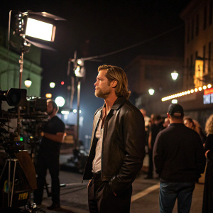 Brad Pitt on the bustling set of a Hollywood film at night. Surrounded by crew members and lighting equipment.