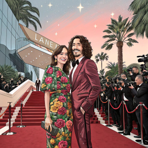 Barbara Goenaga and Oscar Jaenada at Cannes Film Festival premiere. Barbara in a vibrant floral dress. Oscar in a sharp suit. They pose on the red carpet amidst flashing cameras and excited fans.