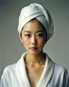 1girl, wearing a white open bathrobe, Clara Lee Sung-min's perfect body proportions, 20-year-old Korean actress, head towel, top quality, masterpiece, (fidelity: 1.2), 1, brown hair, brown eyes, front, exquisite Face, beautiful eyes left blank, collarbone, looking at the audience, rough waves, beautiful and perfect body, (simple white background: 1.2), (panorama: 1.3), in a white room, beautiful and mature, wide-angle lens, grinning Smile, deep groove, deep shadow, John Rankin Waddell, <lora:kor